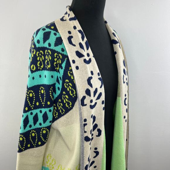 Gypsy 05 Global Village Green Cream Long Sleeve Open Fringe Cardigan Sweater S - Picture 3 of 9